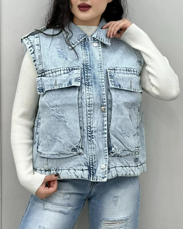 وست جین زنانه وارداتی | وست جین یخی | جلیقه جین ابی یخی