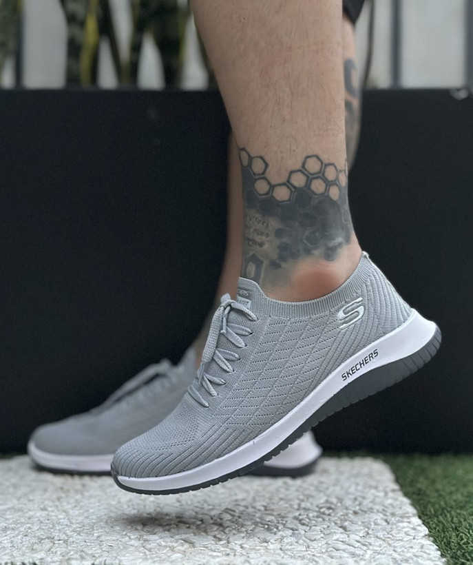 کفش کتونی جورابی مردانه مدل Skechers طوسی زیره PU